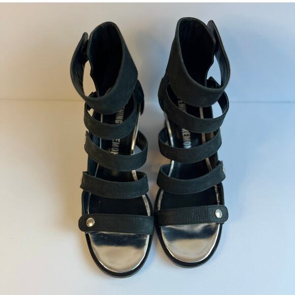 OPENING CEREMONY Black Leather Strappy Snap Button Wedge Sandal Size 7.5 /38 - Picture 3 of 8